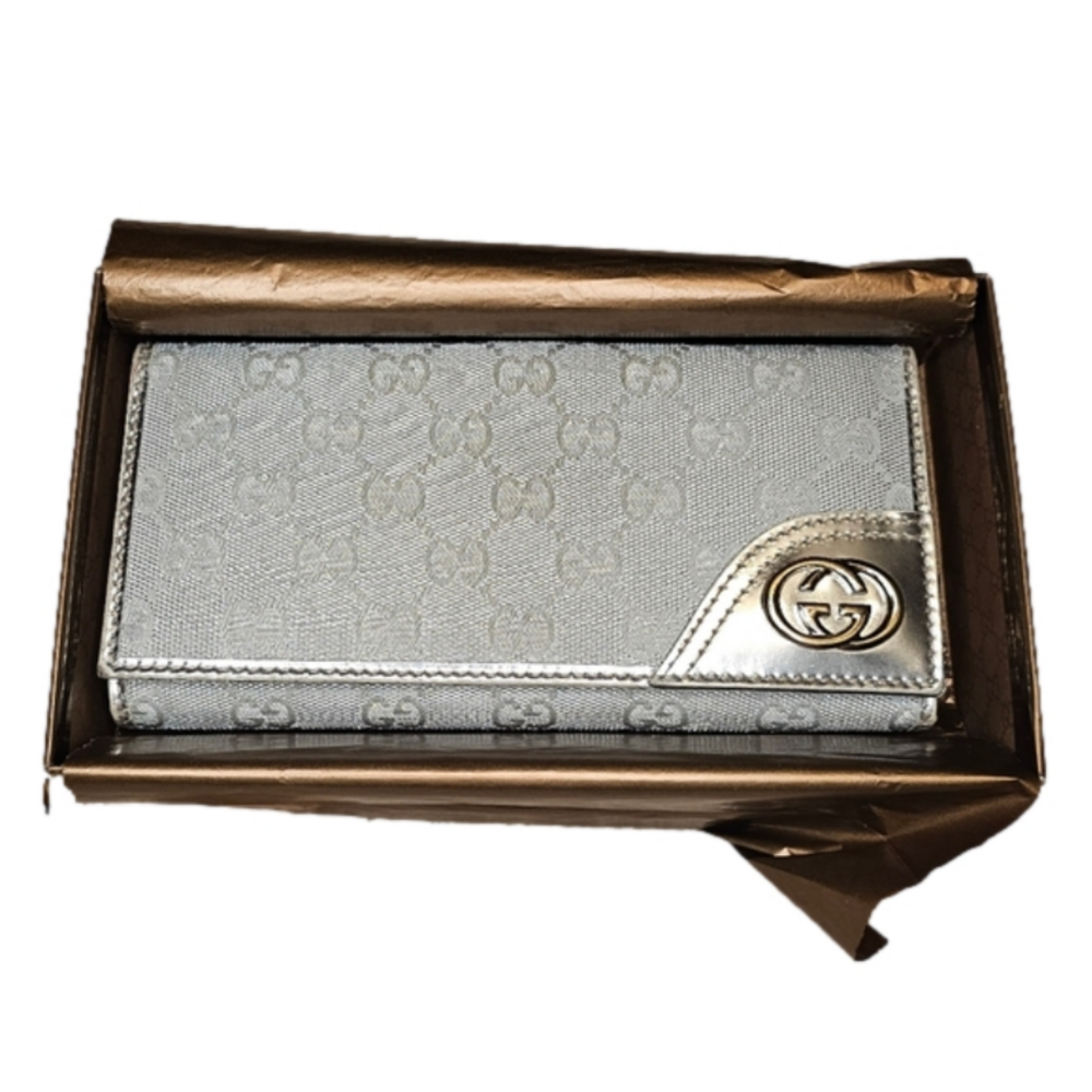 Gucci Rare Silver canvas Long Wallet with Box - Picture 1 of 16